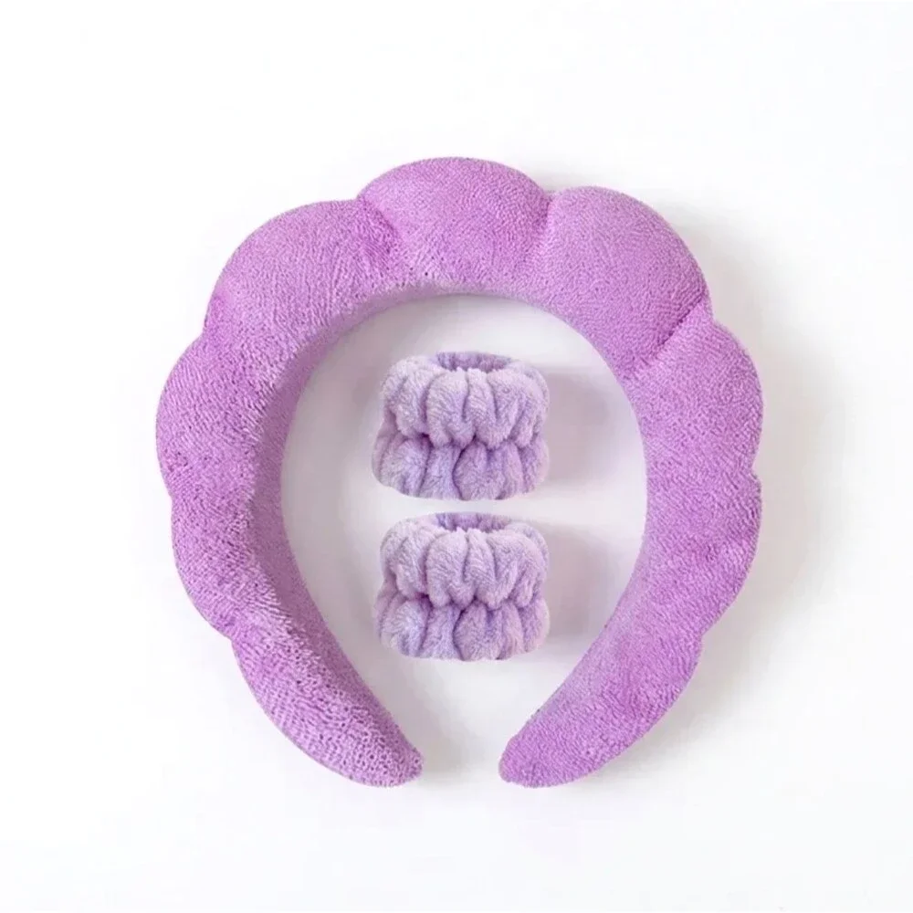 Purple Puffy Terry Cloth Spa Headband & Wrist Wash Band Set Skincare Makeup NEW